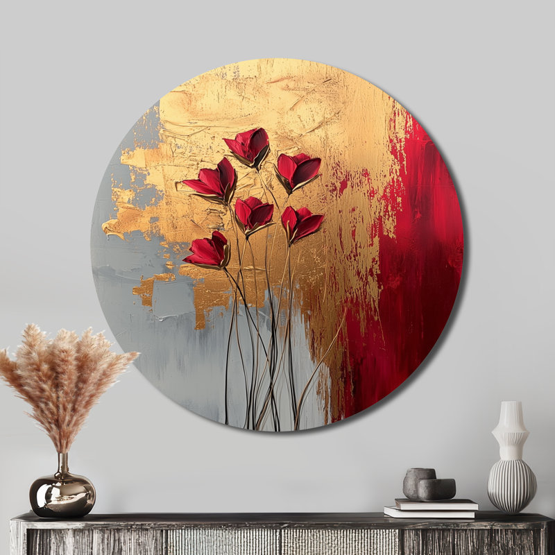 Fleurs roses et dorées, forme pure de marbre I - coquelicot rond, art mural en métal, H 36 po x l 36 po