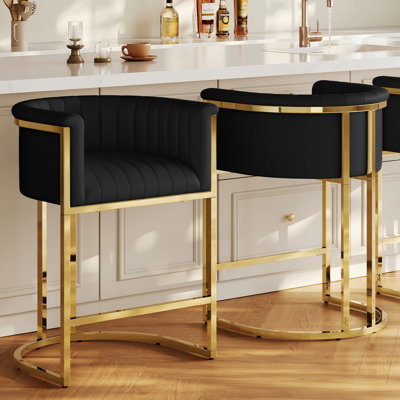 26" Upholstered  Counter Height Bar Stool With Backrest,Black PU Leather and Gold Metal Frame 