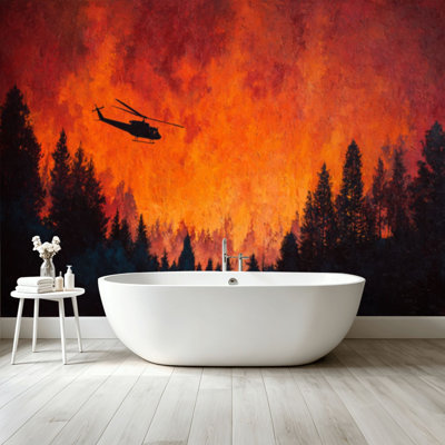 Peel and Stick Wallpaper Wall Mural Fire fighting helicopter carry water bucket to extinguish forest fire Wall Art Self Adhesive and Removable