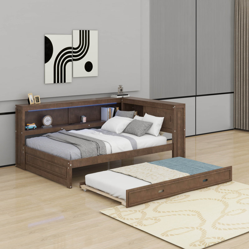 Lit de jour en bois pleine grandeur avec tablettes, DEL, USB et lit gigogne, Bois antique
