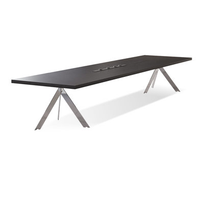 Black + Silver Rectangular Solid Wood + Stainless Steel Conference Table