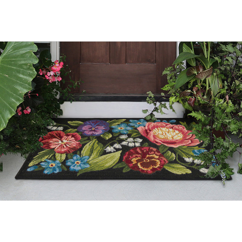 Andreane Floral Synthetic Non-Skid Kitchen Mat, Black, Rectangle 2'5" x 3'11"
