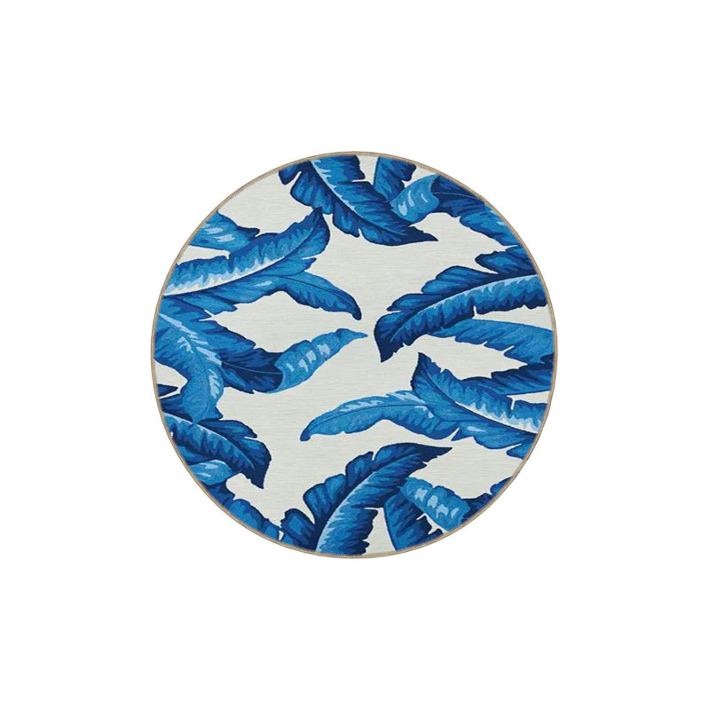Blue Tree Leaf Patterned Woven Base Washable Rug, Square 3'3" Rug Pad Included