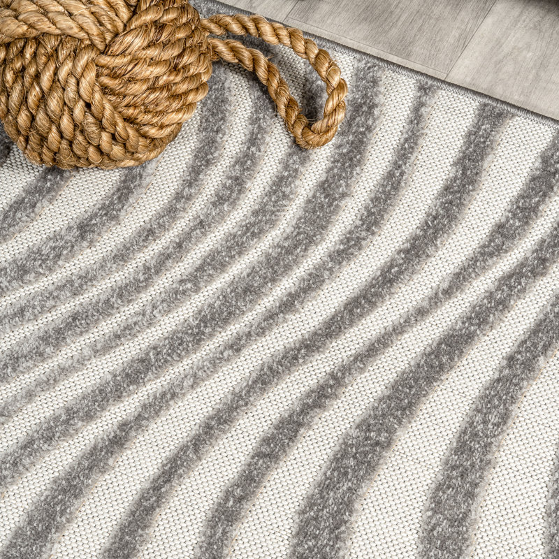 Maribo High-Low Abstract Groovy Striped Gray/Ivory Indoor/Outdoor Rug, Runner 2' x 8'