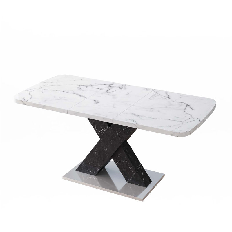 Stretchable Square Dining Table(Only Table), White Marble, Black
