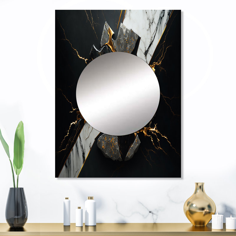 Avode géode abstraite noire III - miroir unique en marbre, grand miroir mural noir, impression d'art en métal, 32 po x 24 po