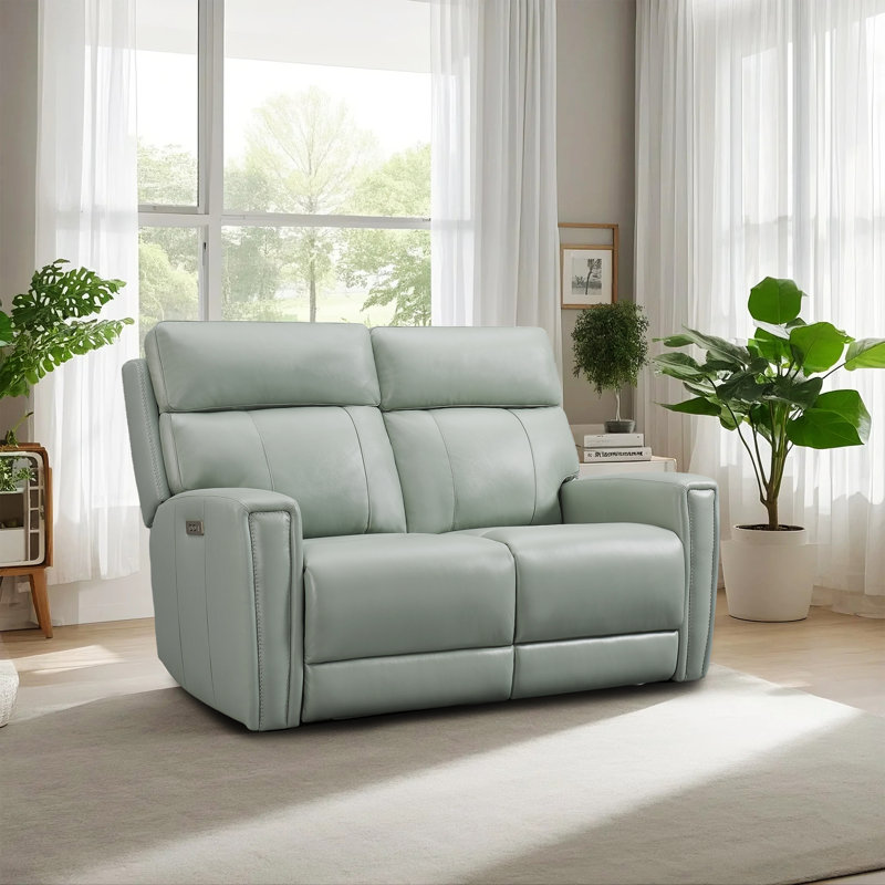 Causeuse inclinable en cuir véritable Rumalda avec gravité zéro, ports USB / USB-C et appui-tête réglable, Vert