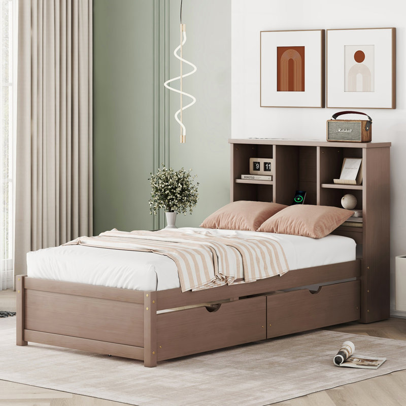 Structure de lit simple moderne avec port USB, tête de lit bibliothèque et 2 tiroirs pour un rangement et une commodité améliorés