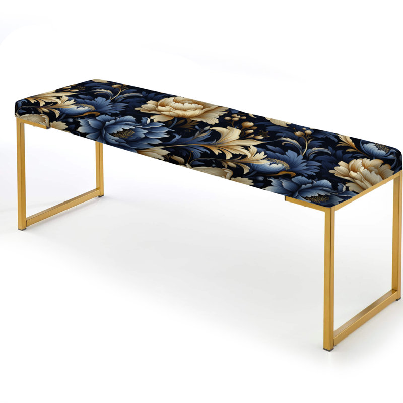 Banc floral rembourré or, Mirage céleste bleu damassé