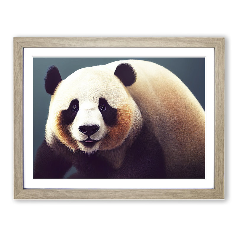 Delightful Panda - Single Picture Frame Painting, 46cm H x 64cm W x 2cm D, Oak