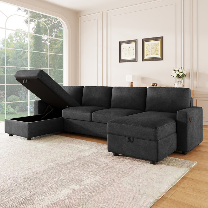 Upholstered Sectional Sofa With Storage Chaise Lounges And USB Ports, Black Polyester