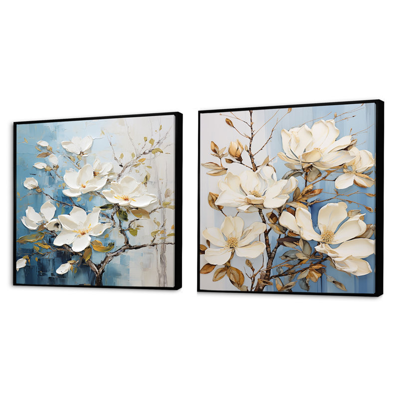 Ensemble de 2 collages carrés blancs et or Magnolia Serenity - Magnolias, Cadre flottant noir, H 16 po x l 33 po