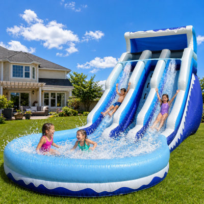 Glissade d'eau gonflable de 20 pi avec pataugeoire et glissade double, amusement d'été pour les enfants, mur d'escalade et souffleur inclus (bleu)