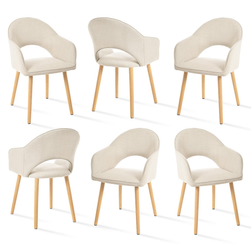 49.5cm H Modern Solid Wood Legs Upholstered Dining Chair with Arm, Beige Linen/Natural