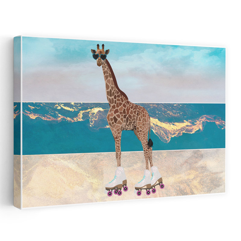 Cool Giraffe Skater Abstract Playful Vibrant Giraffe Coastal Wall Art Print by Sarah Manovski - Wrapped Canvas Print