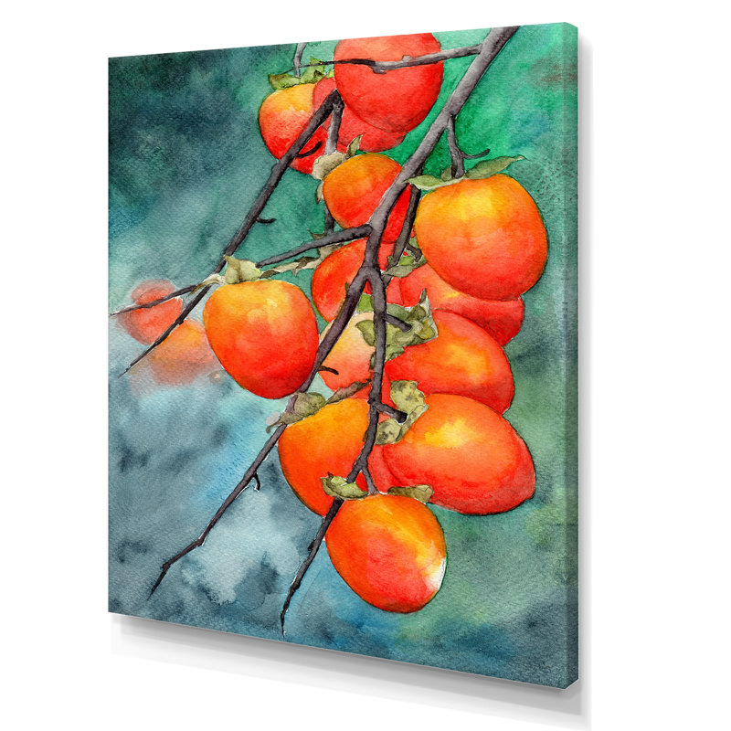 Ripe Persimmons on Branches on Green - peinture sur toile, H 32 po x l 24 po x P 1 po, Toile tendue