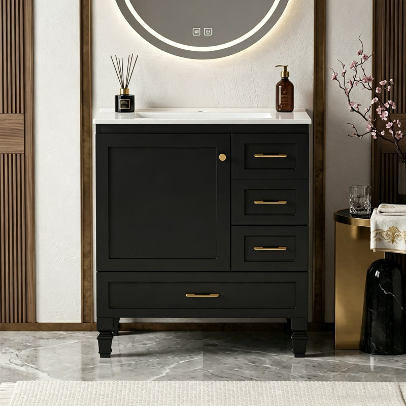 30" Bathroom Vanity with Sink, Bathroom Sink Cabinet with Soft close doors and 3 drawers, Easy Assembly, Black