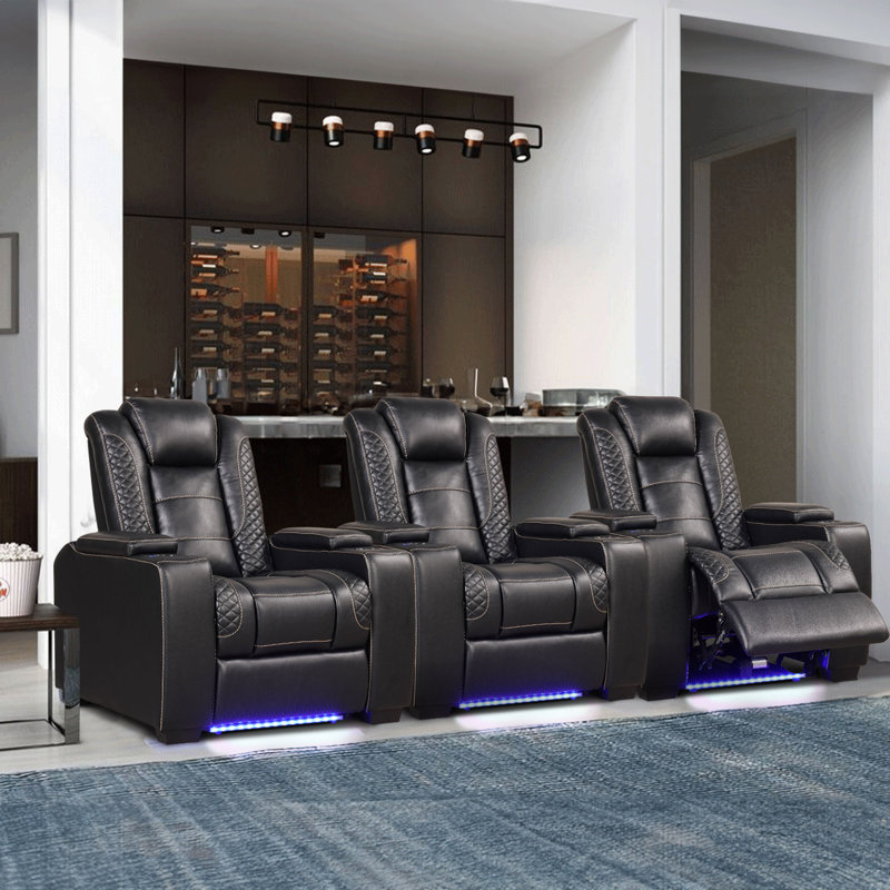 39'' Adjustable Headrest Power Recliner Man Cave Home Theater Chair With Cup Holders USB LED (Set of 3), Black Faux Leather