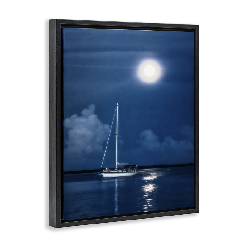 «Moonlit Nighttime Sail», art mural encadré flottant par Mary Lou Johnson, Cadre flottant noir de jais, H 21 po x l 17 po