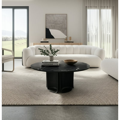 Living Room Coffee Table With Marble Round Top - Modern Small Coffee Table With Sculptural Pedestal Base - Midcentury Table Accent - 30", Black