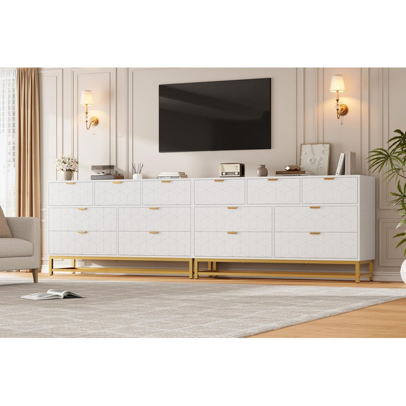 53.5" Wide 7-Drawer Dresser with Golden Metal Handles, Modern Chest of Drawers for Bedroom, Living Room, Entryway, White