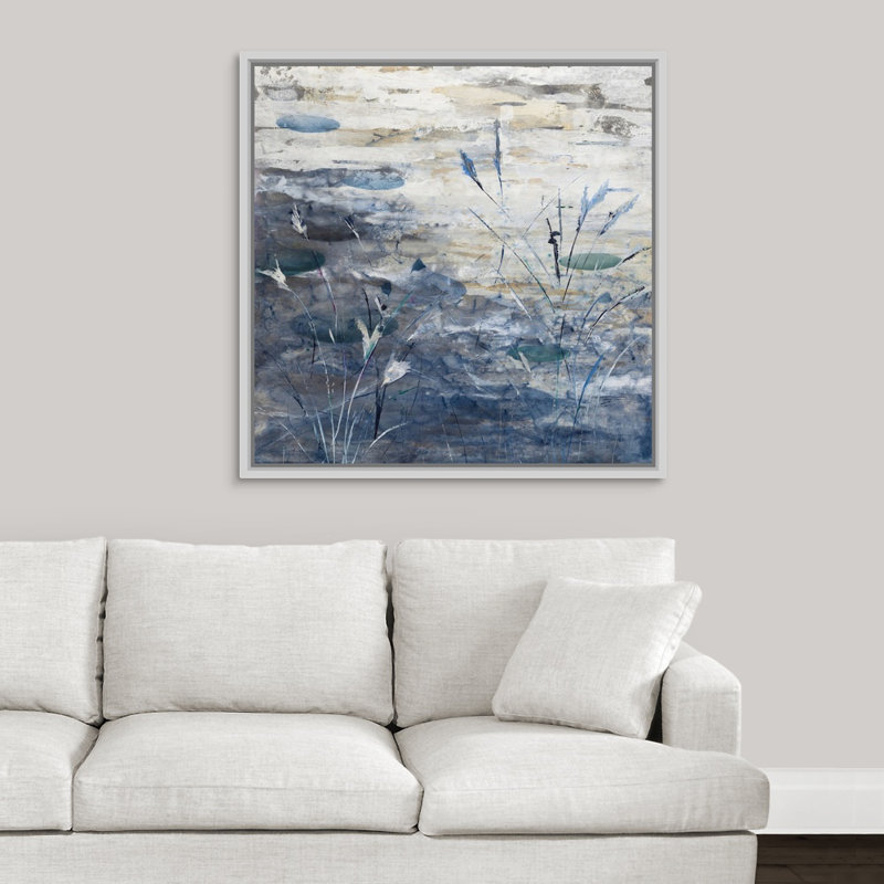 «Pond», peinture sur toile, H 37,7 po x l 37,7 po x p 1,75 po, Cadre flottant blanc