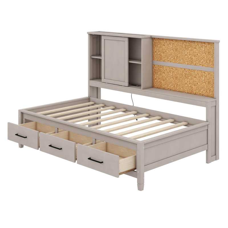 Lit de jour simple avec tablettes de rangement, planche de liège, ports USB et trois tiroirs, Gris antique