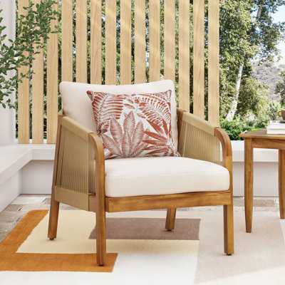 Joey Modern Acacia Wood Patio Chair with Wicker Accents and Cushions
