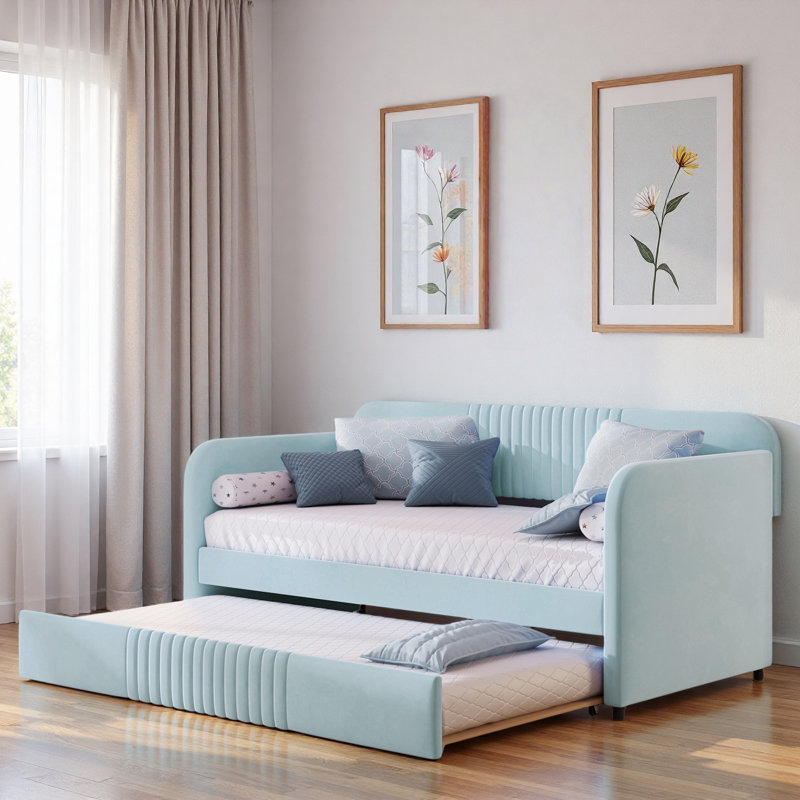 Upholstered Daybed With Trundle And Wood Slat, Light Blue