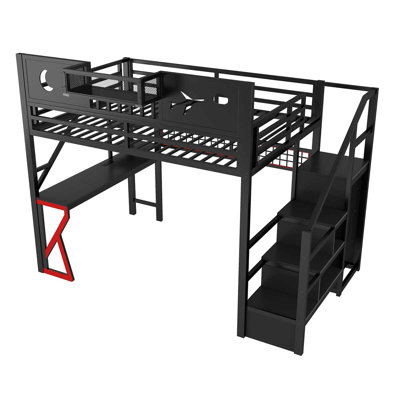 Lit mezzanine tout-en-un en métal avec tablette de garde-corps, grille en filet, lumières DEL, bureau et escalier de rangement