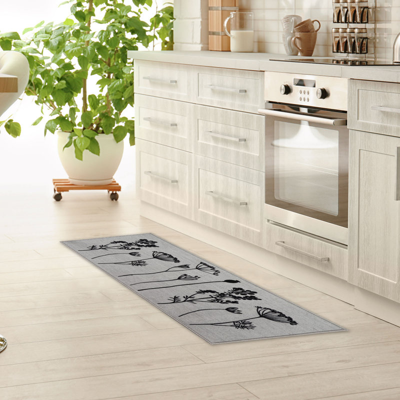 Wildflowers Long Runner Kitchen Mat, Gray/Black