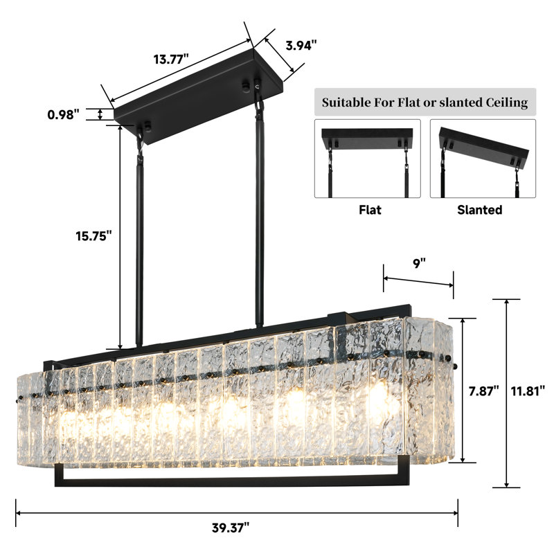 40'' 6-Light Black Linear Chandelier with Water Ripple Textured Glass Panels – Industrial Pendant Lighting for Kitchen Island & Dining RoomIsland Living Room Rectangular Lighting