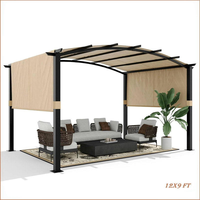 12X9 Ft Outdoor Arched Pergola Metal Gazebo With Retractable Sun Shade For Garden Patio Backyard Deck Lawns