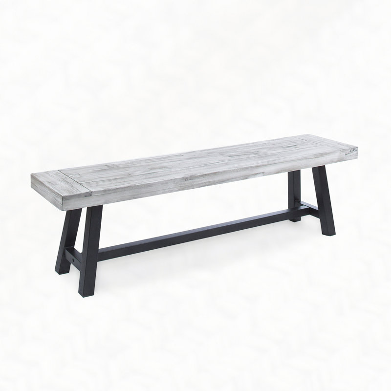 Sandblast Finish Acacia Wood Dining Bench with Rustic Metal Finish Frame, Black/Light Grey