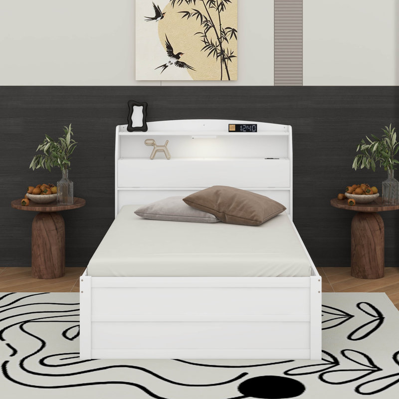 Lit plateforme double en bois avec lit gigogne, tête de lit et tiroirs, Blanc