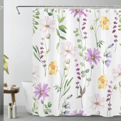 Nature's Bloom Shower Curtain - Yellow & Purple Floral with Sage Green Eucalyptus, 60x72 Inch, 10 Hooks Included