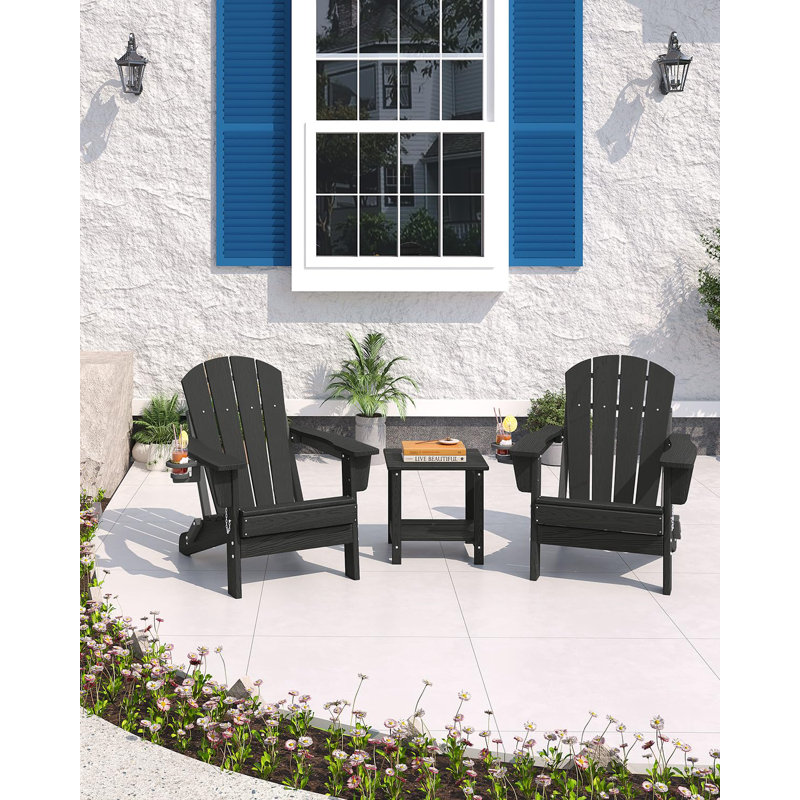 Folding Adirondack Chairs Set of 2, HDPE Outdoor Patio Chairs with Cup Holder, All-Weather Resistant Textured for Patio