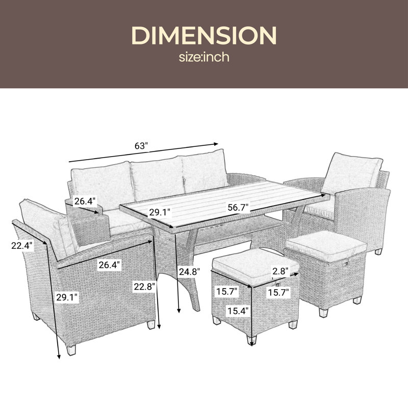 Ensemble de conversation d'extérieur pour 7 personnes avec coussins, Gris