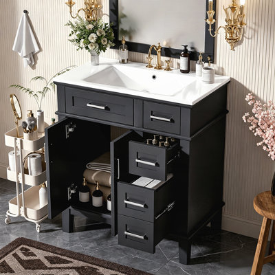 30 Inch Bathroom Vanity with Ceramic Sink, Modern Storage Cabinet, Soft-Close Doors, and Deep Drawers for Small Bathrooms
