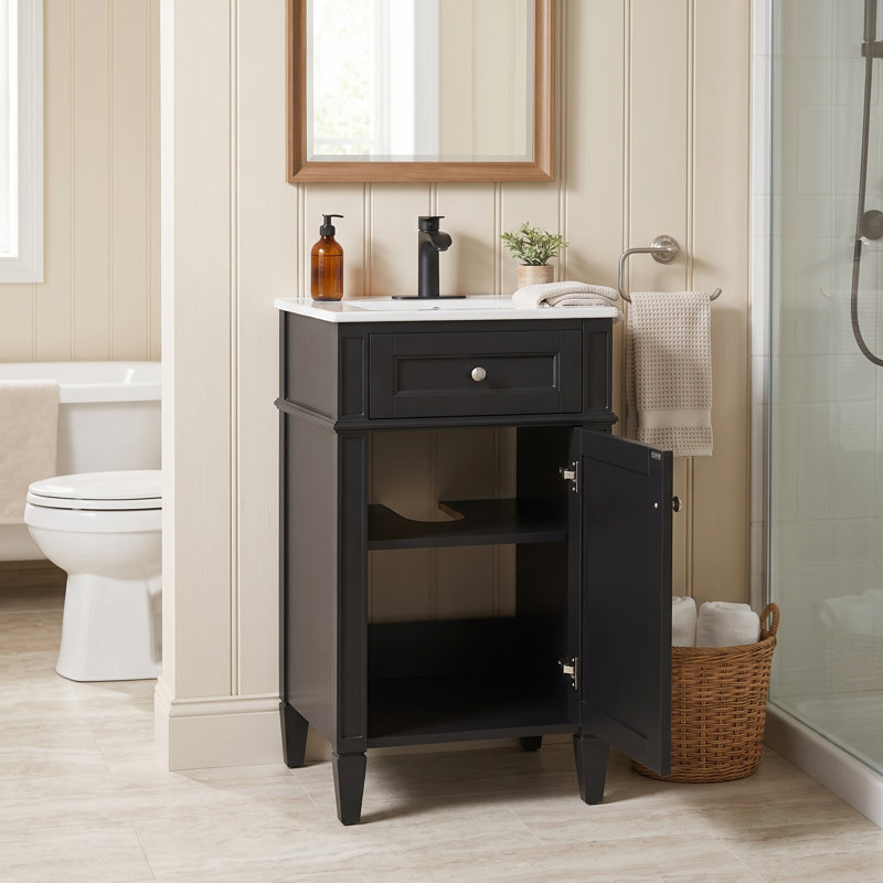 Freestanding Standard Single Vanity Bathroom Vanity With Ceramic Top, Black, 18
