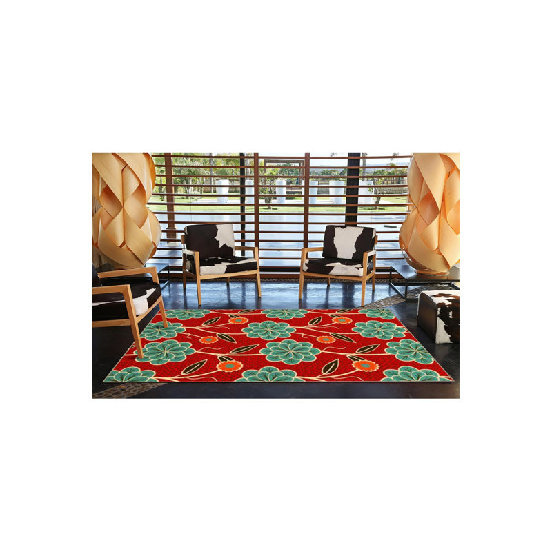 Tapis rouge lavable à la machine à motif floral rouge, Sous-tapis rectangulaire 2 pi 6 po x 4 pi 11 po