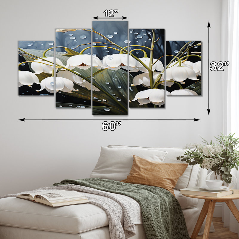 «White Graceful Snowdrops Flowers III», art mural sur toile floral, 5 panneaux