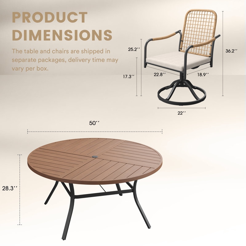 6-Person Outdoor Dining Set With Swivel Rattan Chairs, Walnut