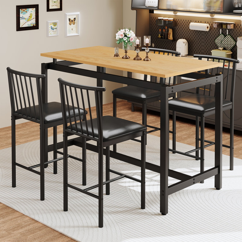 5 Pieces Dining Set, Industrial Counter Height Pub Bar Table Set, PU Stools With Backrest