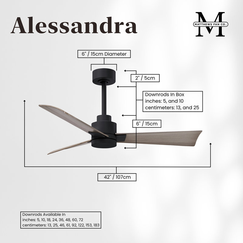 Alessandra Outdoor Downrod Ceiling Fan, Matte Black, Gray Ash Tone