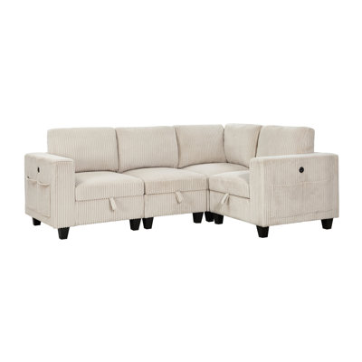 Modern Sofa 4-Piece Modular Sectional With Storage Seats, Side Pockets, Charging Ports Beige Corduroy Fabric Modern Living Room Sectional Couch Solid Wood Furniture