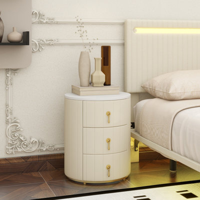 Table de chevet rembourrée avec 3 tiroirs, table de chevet ronde avec poignées en métal, table de chevet à dessus marbré pour la chambre à coucher, entièrement assemblée, sauf les poignées