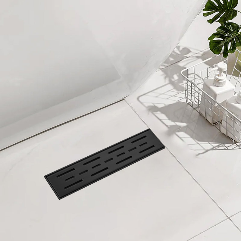 Drain de plancher de douche rectangulaire en acier inoxydable noir mat, bonde linéaire de 12 pouces avec pieds de nivellement, crépine, grille à motif de bar amovible