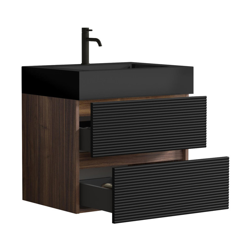 Meuble-lavabo avec lavabo en quartz, Noir, 24"