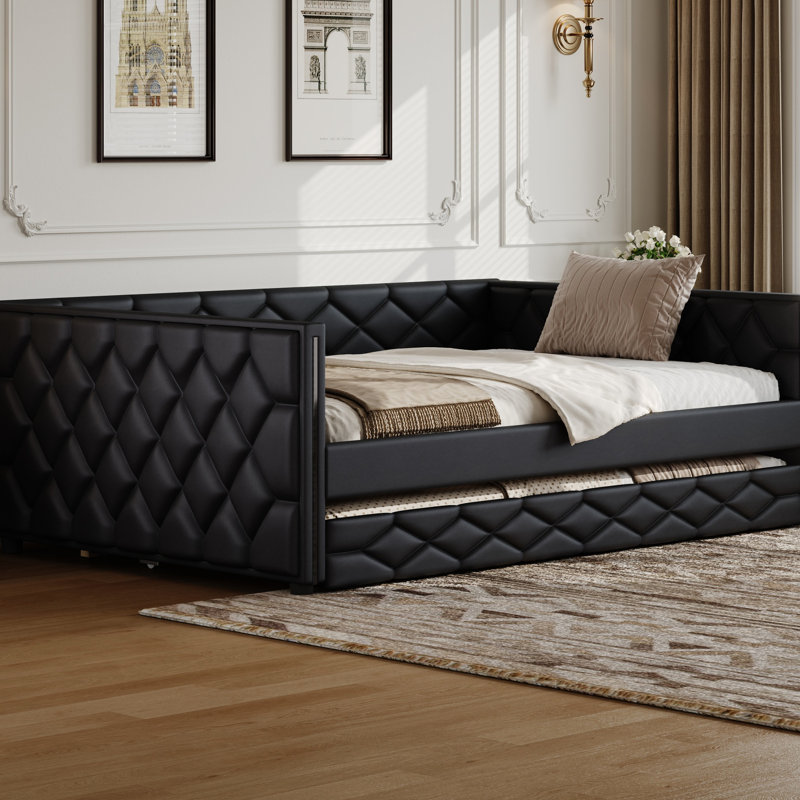 Lit de jour rembourré noir avec éclairage à DEL et lit gigogne noir, idéal pour les petits espaces de vie, éclairage gigogne en bois de pin massif, chambre polyvalente pour les invités